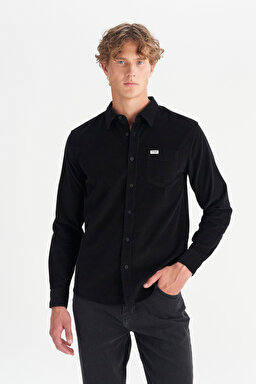 %100 Pamuk Regular Fit Normal Kesim Klasik Yaka Cepli Kadife Gömlek - Black-MW5A14A100