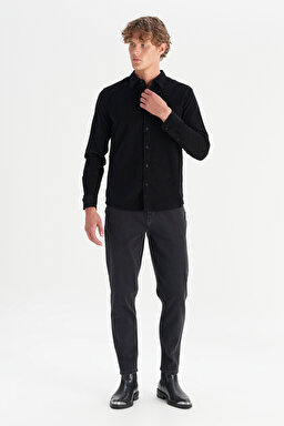 %100 Pamuk Regular Fit Normal Kesim Klasik Yaka Cepli Kadife Gömlek - Black-MW5A14A100 (görsel 2)