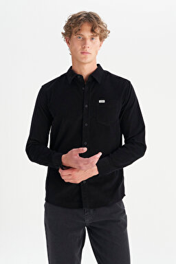 %100 Pamuk Regular Fit Normal Kesim Klasik Yaka Cepli Kadife Gömlek - Black-MW5A14A100 (görsel 3)