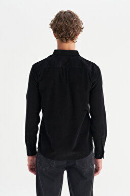 %100 Pamuk Regular Fit Normal Kesim Klasik Yaka Cepli Kadife Gömlek - Black-MW5A14A100 (görsel 5)