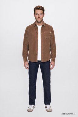 %100 Pamuk Regular Fit Normal Kesim Klasik Yaka Cepli Kadife Gömlek - Camel-MW5A14A211 (görsel 2)