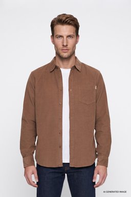 %100 Pamuk Regular Fit Normal Kesim Klasik Yaka Cepli Kadife Gömlek - Camel-MW5A14A211 (görsel 3)
