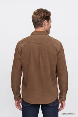 %100 Pamuk Regular Fit Normal Kesim Klasik Yaka Cepli Kadife Gömlek - Camel-MW5A14A211 (görsel 4)