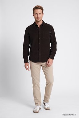 %100 Pamuk Regular Fit Normal Kesim Klasik Yaka Cepli Kadife Gömlek - Mole-MW5A14A944 (görsel 2)