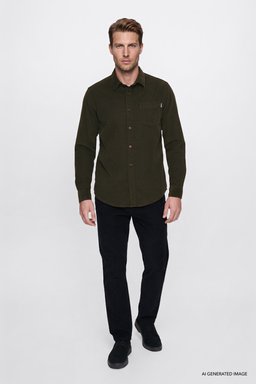 %100 Pamuk Regular Fit Normal Kesim Klasik Yaka Cepli Kadife Gömlek - Ivy Green-MW5A14AXIX (görsel 2)
