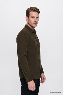 %100 Pamuk Regular Fit Normal Kesim Klasik Yaka Cepli Kadife Gömlek - Ivy Green-MW5A14AXIX (görsel 3)