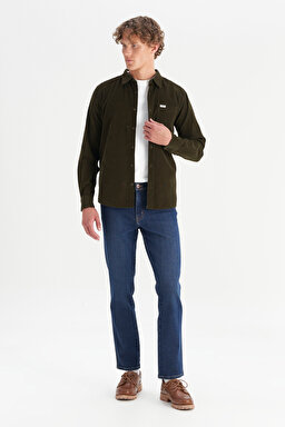 %100 Pamuk Regular Fit Normal Kesim Klasik Yaka Cepli Kadife Gömlek - Ivy Green-MW5A14AXIX (görsel 2)