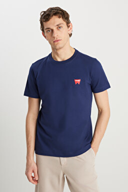 %100 Pamuk Regular Fit Normal Kesim Bisiklet Yaka Minimal Logo Lacivert Tişört - Navy-MW70MD3335