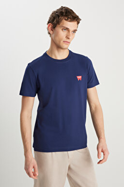 %100 Pamuk Regular Fit Normal Kesim Bisiklet Yaka Minimal Logo Lacivert Tişört - Navy-MW70MD3335 (görsel 2)