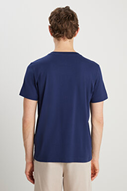 %100 Pamuk Regular Fit Normal Kesim Bisiklet Yaka Minimal Logo Lacivert Tişört - Navy-MW70MD3335 (görsel 5)
