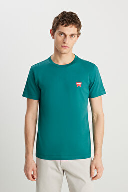 %100 Pamuk Regular Fit Normal Kesim Bisiklet Yaka Minimal Logo Yeşil Tişört - Bayberry Green-MW70MD3G26