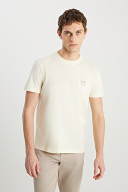 %100 Pamuk Regular Fit Normal Kesim Bisiklet Yaka Minimal Logo Bej Tişört - Papyrus-MW70MD3XME