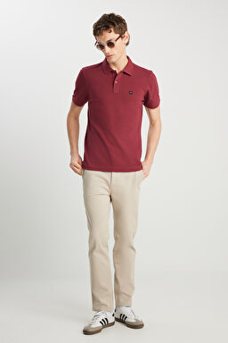 %100 Pamuk Regular Fit Normal Kesim Bordo Polo Yaka Tişört - Claret Red-MW7D5K4XX2T606 (görsel 3)