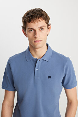 %100 Pamuk Regular Fit Normal Kesim İndigo Polo Yaka Tişört - Vintage Indigo-MW7D5K4XX2TXZ8 (görsel 4)