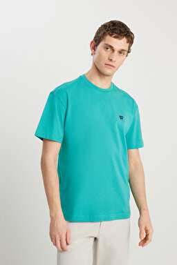 %100 Pamuk Relaxed Fit Geniş Kesim Minimal Logo Yeşil Tişört - Porcelain Green-MW7NM203877577 (görsel 2)