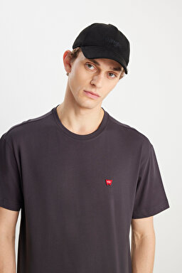 %100 Pamuk Relaxed Fit Geniş Kesim Bisiklet Yaka Minimal Logo Antrasit Tişört - Faded Black-MW7NM203877M39 (görsel 4)