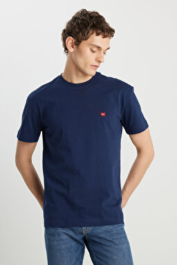 %100 Pamuk Relaxed Fit Geniş Kesim Bisiklet Yaka Minimal Logo Lacivert Tişört - Navy-MW7NM203877W72 (görsel 2)
