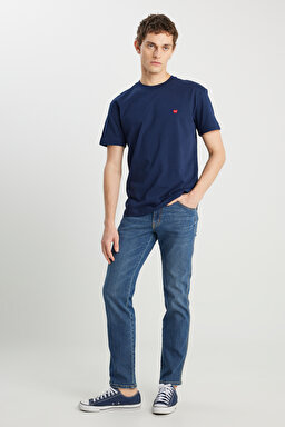 %100 Pamuk Relaxed Fit Geniş Kesim Bisiklet Yaka Minimal Logo Lacivert Tişört - Navy-MW7NM203877W72 (görsel 3)
