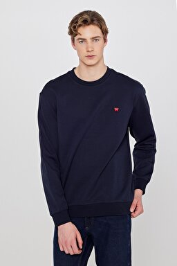 Pamuklu Regular Fit Normal Kesim Bisiklet Yaka Logo Detaylı Sweatshirt - Navy-TW2520255410