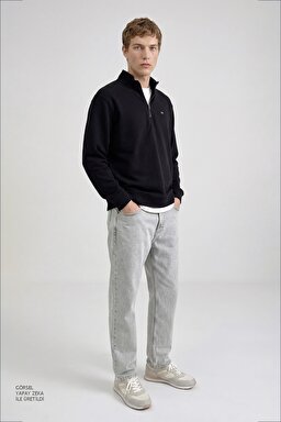 Pamuklu Regular Fit Dik Yaka Fermuarlı Selanik Örgü Sweatshirt - Black-TW2520532001 (görsel 3)