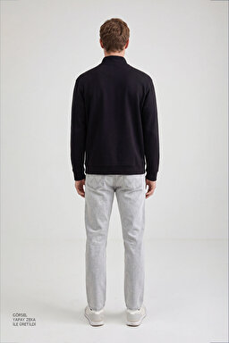 Pamuklu Regular Fit Dik Yaka Fermuarlı Selanik Örgü Sweatshirt - Black-TW2520532001 (görsel 5)
