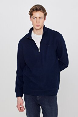Pamuklu Regular Fit Dik Yaka Fermuarlı Selanik Örgü Sweatshirt - Navy-TW2520532410