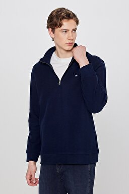 Pamuklu Regular Fit Dik Yaka Fermuarlı Selanik Örgü Sweatshirt - Navy-TW2520532410 (görsel 2)
