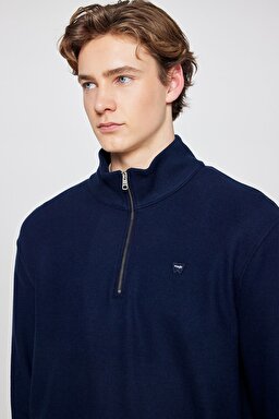 Pamuklu Regular Fit Dik Yaka Fermuarlı Selanik Örgü Sweatshirt - Navy-TW2520532410 (görsel 4)