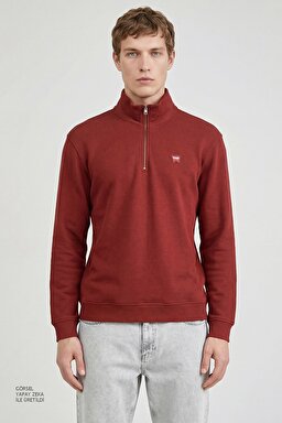 Pamuklu Regular Fit Dik Yaka Fermuarlı Selanik Örgü Sweatshirt - Wine-TW2520532810