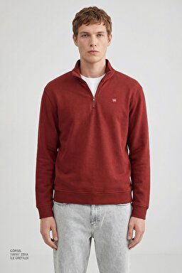 Pamuklu Regular Fit Dik Yaka Fermuarlı Selanik Örgü Sweatshirt - Wine-TW2520532810 (görsel 2)