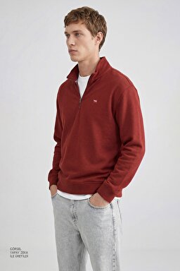 Pamuklu Regular Fit Dik Yaka Fermuarlı Selanik Örgü Sweatshirt - Wine-TW2520532810 (görsel 4)
