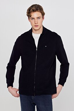 Pamuklu Relaxed Fit Dik Yaka Fermuarlı Selanik Örgü Sweatshirt - Black-TW2520533001 (görsel 2)