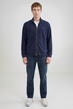 Pamuklu Relaxed Fit Dik Yaka Fermuarlı Selanik Örgü Sweatshirt - Navy-TW2520533410 (görsel 2)