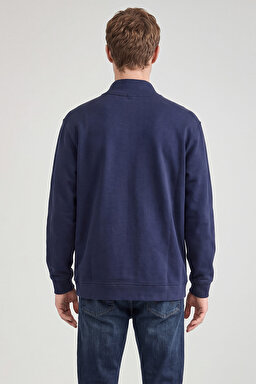 Pamuklu Relaxed Fit Dik Yaka Fermuarlı Selanik Örgü Sweatshirt - Navy-TW2520533410 (görsel 5)