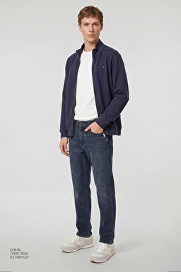 Pamuklu Relaxed Fit Dik Yaka Fermuarlı Selanik Örgü Sweatshirt - Navy-TW2520533410 (görsel 2)