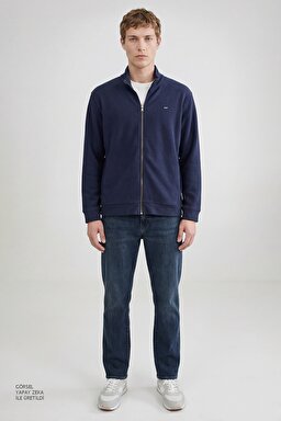 Pamuklu Relaxed Fit Dik Yaka Fermuarlı Selanik Örgü Sweatshirt - Navy-TW2520533410 (görsel 3)