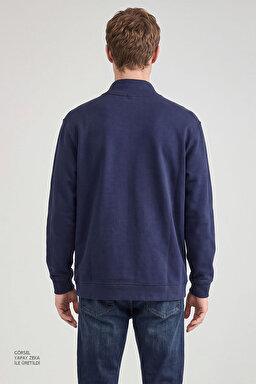 Pamuklu Relaxed Fit Dik Yaka Fermuarlı Selanik Örgü Sweatshirt - Navy-TW2520533410 (görsel 5)