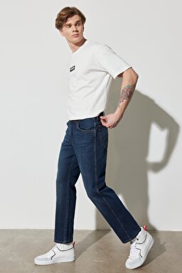 Texas Straight Fit Normal Bel Denim Esnek Jean Kot Pantolon - Dark Blue-W12183947 (görsel 3)