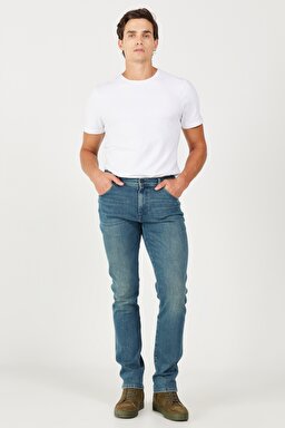 Slim Fit Dar Kesim Normal Bel Taşlamalı Mavi Esnek Texas Jean Kot Pantolon - Mid Wash-W12S04868 (görsel 2)