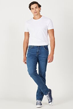 Texas Slim Fit Dar Kesim Normal Bel Mavi Esnek Jean Kot Pantolon - Mid Blue-W12S057XT (görsel 3)