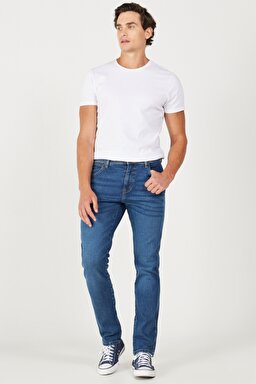 Texas Slim Fit Dar Kesim Normal Bel Mavi Esnek Jean Kot Pantolon - Mid Blue-W12S057XT (görsel 4)