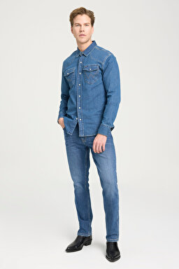 Slim Fit Dar Kesim Normal Bel Dar Paça Koyu Mavi Texas Jean Kot Pantolon - In Deep-W12S084W83 (görsel 3)