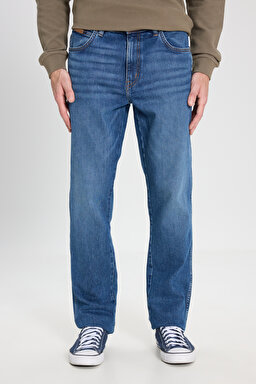 Slim Fit Dar Kesim Normal Bel Dar Paça Texas Mavi Esnek Jean Denim Pantolon - Mid Indigo-W12S086318 (görsel 3)