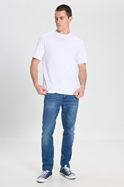 Slim Fit Dar Kesim Düşük Bel Normal Paça Larston Mavi Esnek Jean Denim Pantolon - Mid Indigo-W18S060318 (görsel 2)