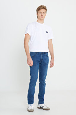 Slim Fit Dar Kesim Düşük Bel Mavi Esnek Larston Jean Denim Kot Pantolon - Mid Blue-W18SMN396 (görsel 3)