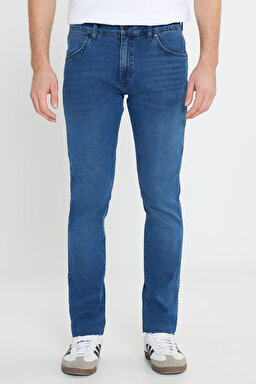 Slim Fit Dar Kesim Düşük Bel Mavi Esnek Larston Jean Denim Kot Pantolon - Mid Blue-W18SMN396 (görsel 4)