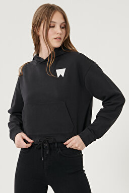 Regular Fit Normal Kesim %100 Pamuk Kapüşonlu Sweatshirt - Black-W211002001 (görsel 2)