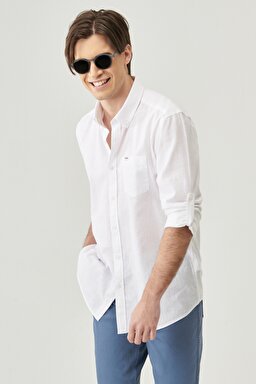 Regular Fit Normal Kesim Uzun Kollu Keten Gömlek - White-W211841100