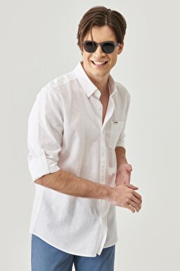 Regular Fit Normal Kesim Uzun Kollu Keten Gömlek - White-W211841100 (görsel 2)