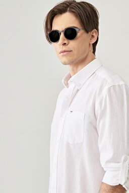 Regular Fit Normal Kesim Uzun Kollu Keten Gömlek - White-W211841100 (görsel 3)